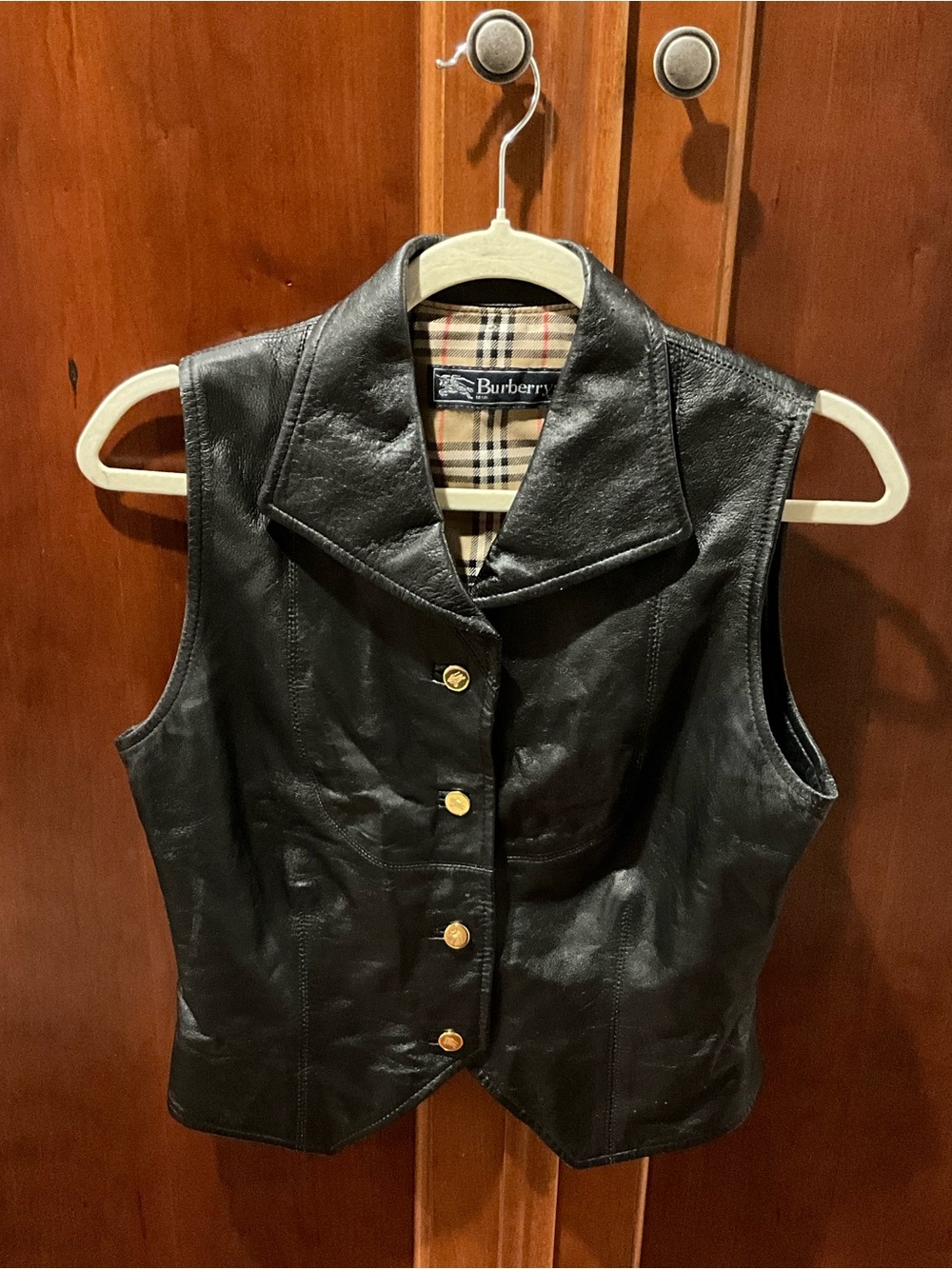 Burberry Black Leather Sleeveless Vest with Signature Check Lining Size 6